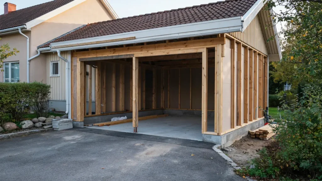 ombyggnad av befintlig carport till garage i vallda onsala